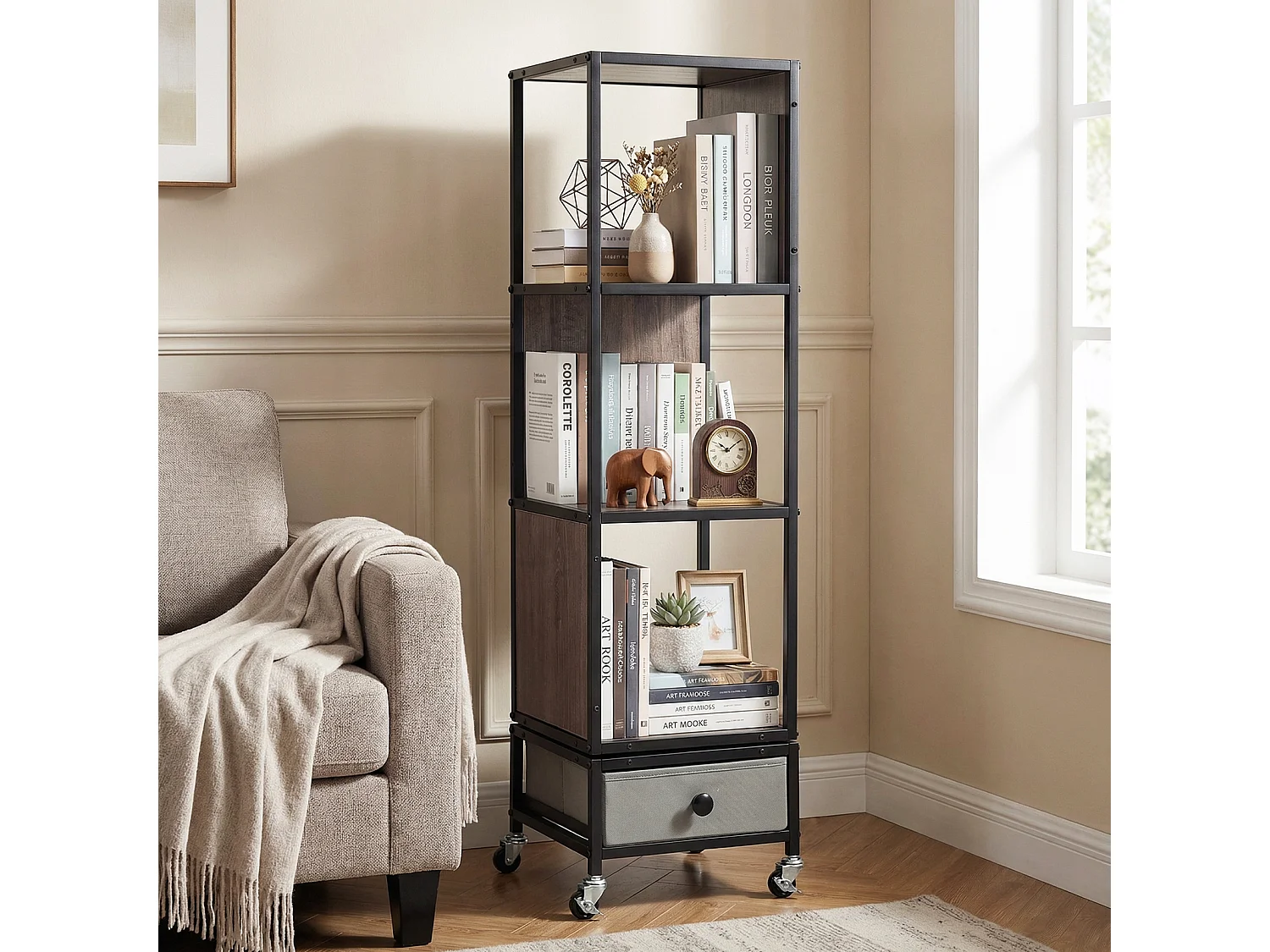 Étagère sur roulettes à 4 niveaux Étagère à livres avec plateau en bois & tiroir en tissu Chariot à livres Gris