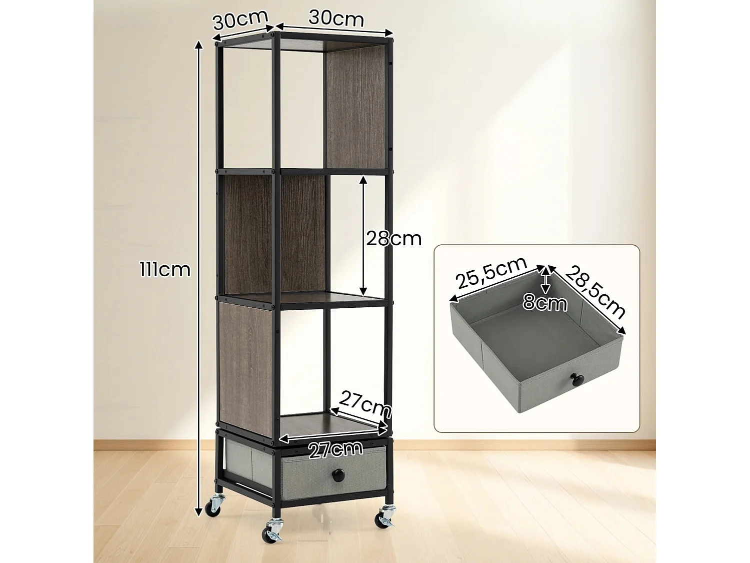 Étagère sur roulettes à 4 niveaux Étagère à livres avec plateau en bois & tiroir en tissu Chariot à livres Gris