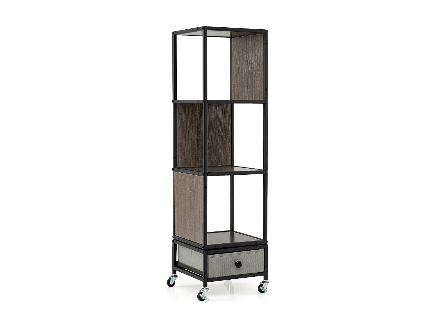 Étagère sur roulettes à 4 niveaux Étagère à livres avec plateau en bois & tiroir en tissu Chariot à livres Gris