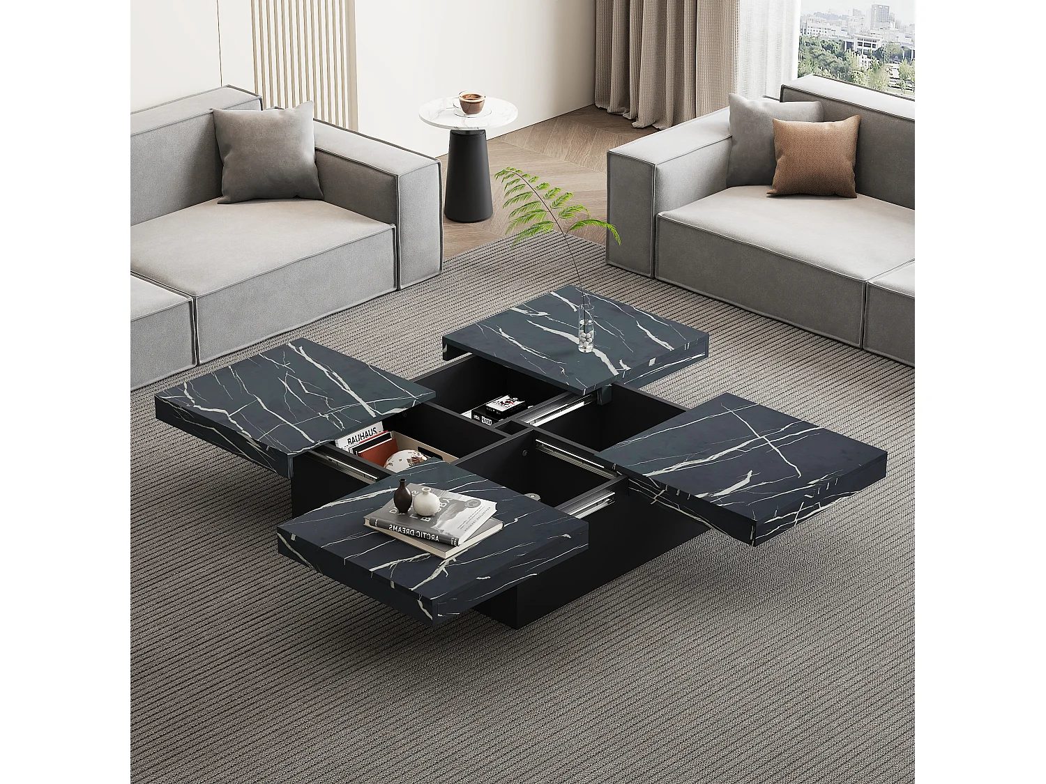 Square coffee table - 90 x 90 x 25 cm - with 4 drawers + sliding top - marble effect - particleboard - black