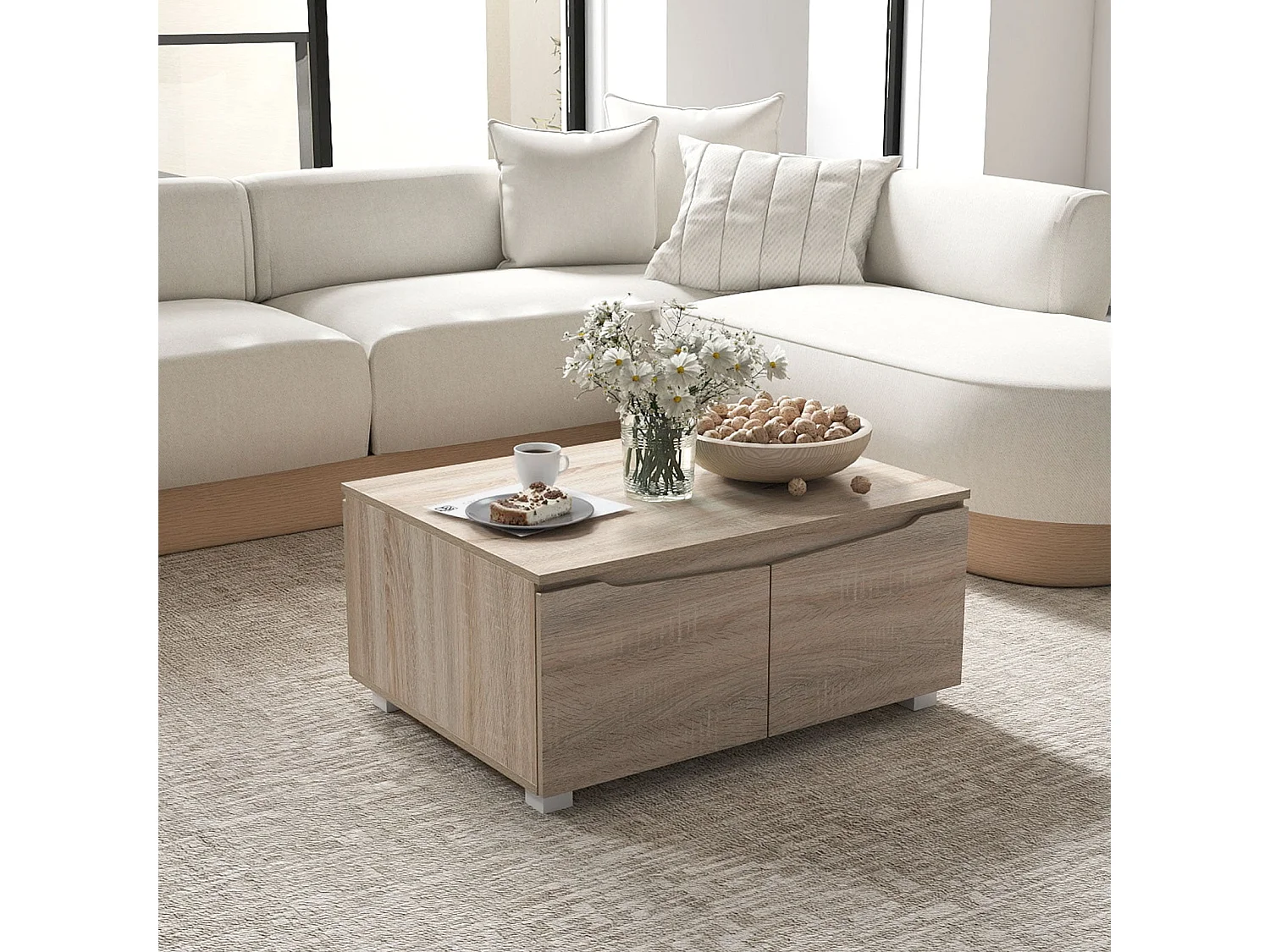 Table Basse avec Rangement Table de Salon Rectangulaire avec 4 Portes à Ouverture Double Patins Antidérapants Cabinet 80 x 60 x 37 cm Chêne