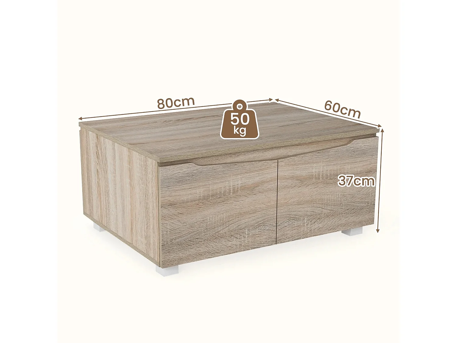 Table Basse avec Rangement Table de Salon Rectangulaire avec 4 Portes à Ouverture Double Patins Antidérapants Cabinet 80 x 60 x 37 cm Chêne
