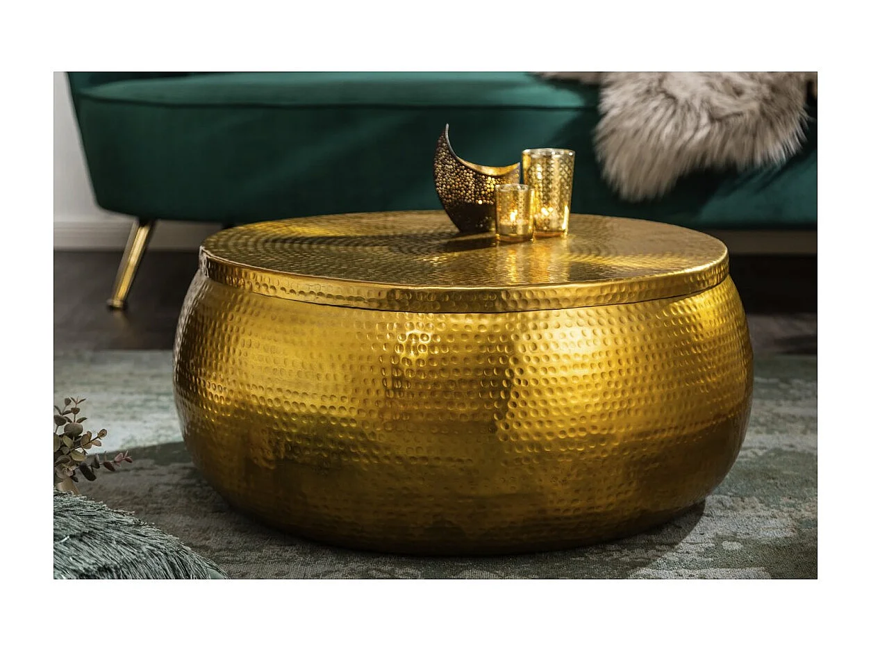 Table basse TRIANE 70 cm dorée martelée – Aluminium brillant avec coffre de rangement