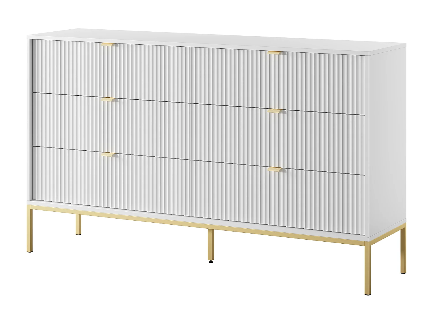 Commode : 6 Tiroirs, Blanc, Pieds Dorés, 154 x 39 x 83 cm, poignées dorées