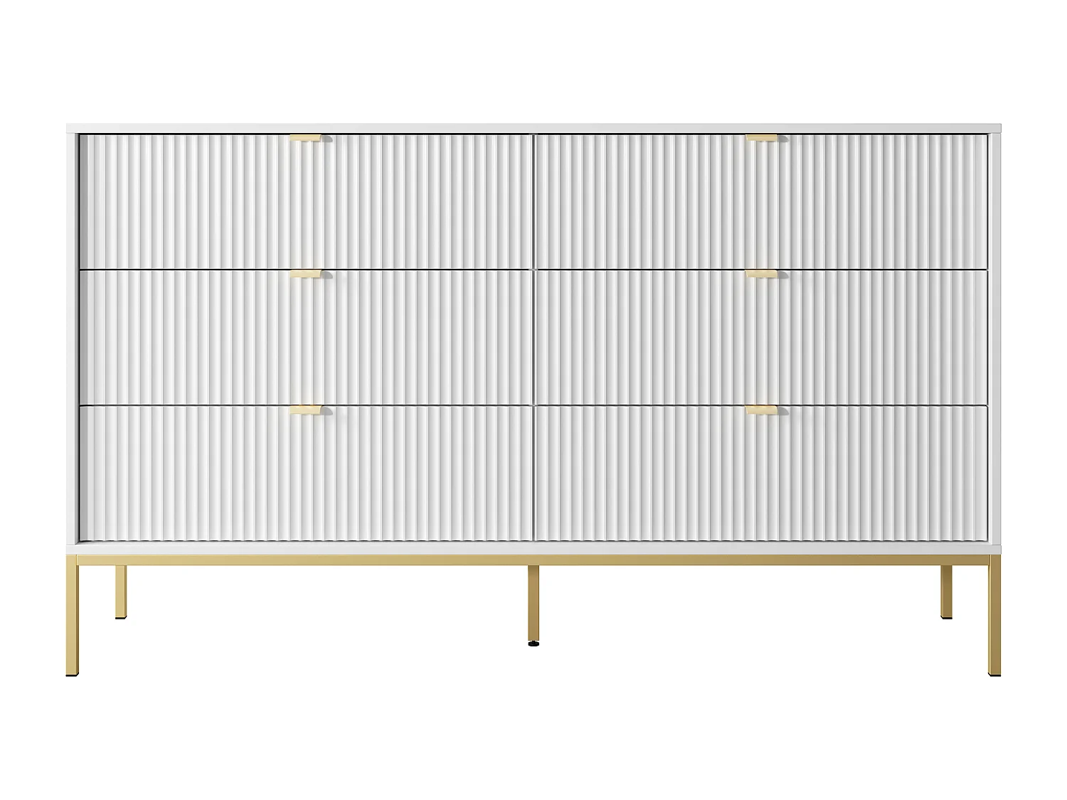 Commode : 6 Tiroirs, Blanc, Pieds Dorés, 154 x 39 x 83 cm, poignées dorées