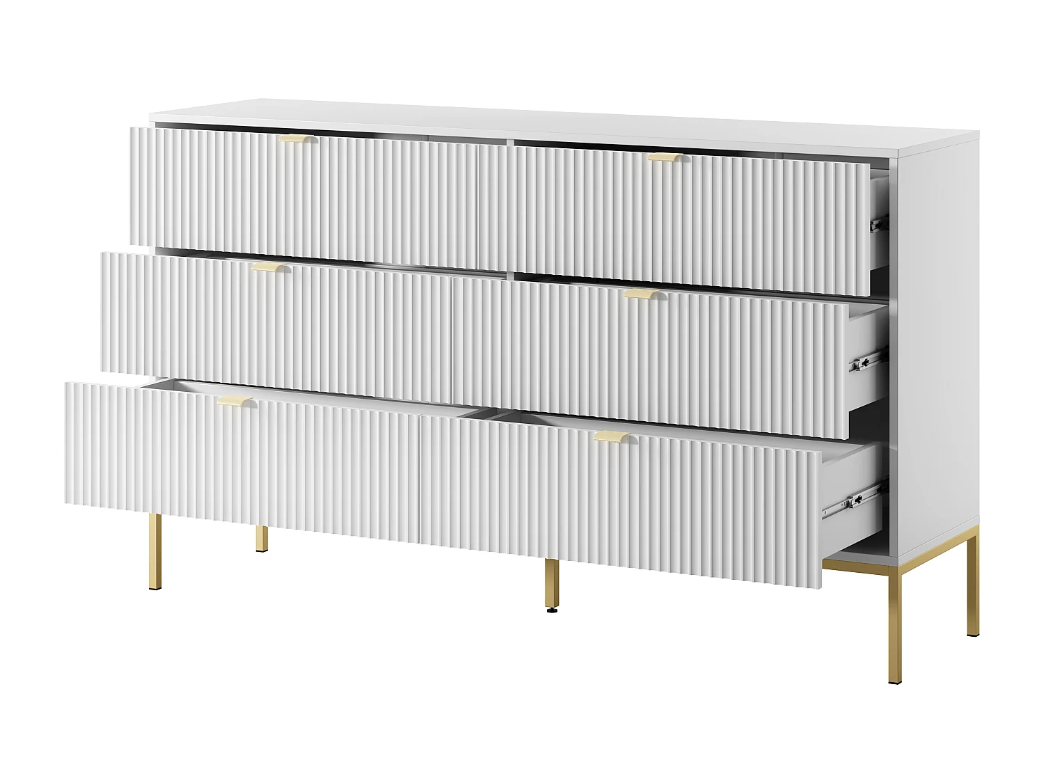 Commode : 6 Tiroirs, Blanc, Pieds Dorés, 154 x 39 x 83 cm, poignées dorées