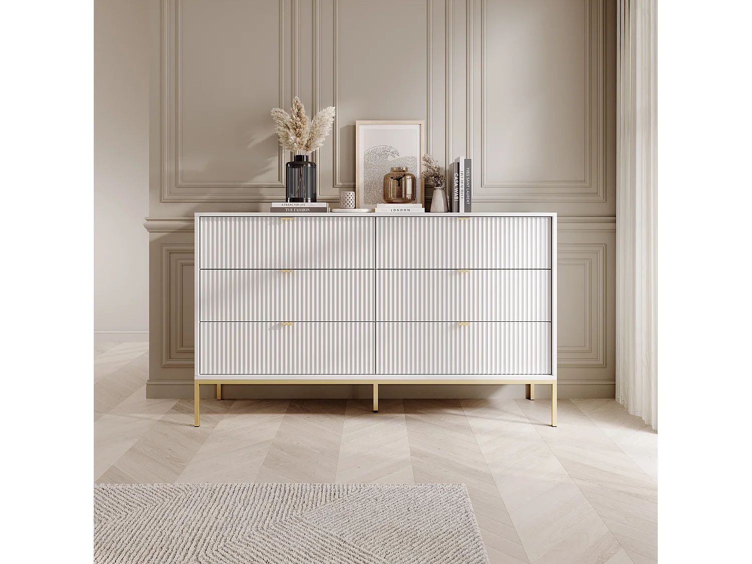 Commode : 6 Tiroirs, Blanc, Pieds Dorés, 154 x 39 x 83 cm, poignées dorées
