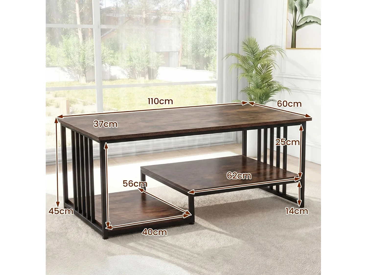 Table basse rectangulaire avec 2 étagères et un piètement métallique robuste Table d'accent moderne Rustique Marron