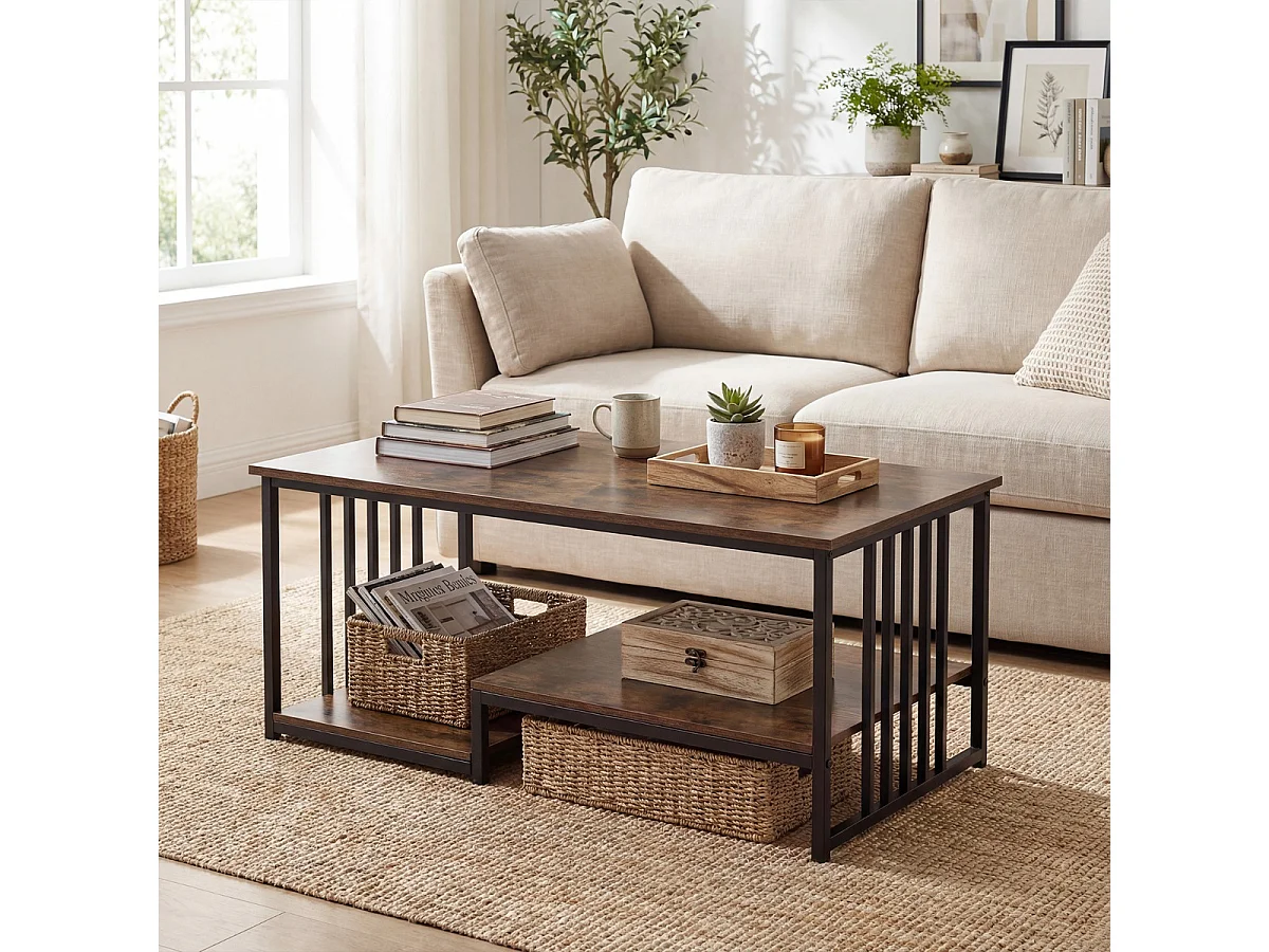 Table basse rectangulaire avec 2 étagères et un piètement métallique robuste Table d'accent moderne Rustique Marron