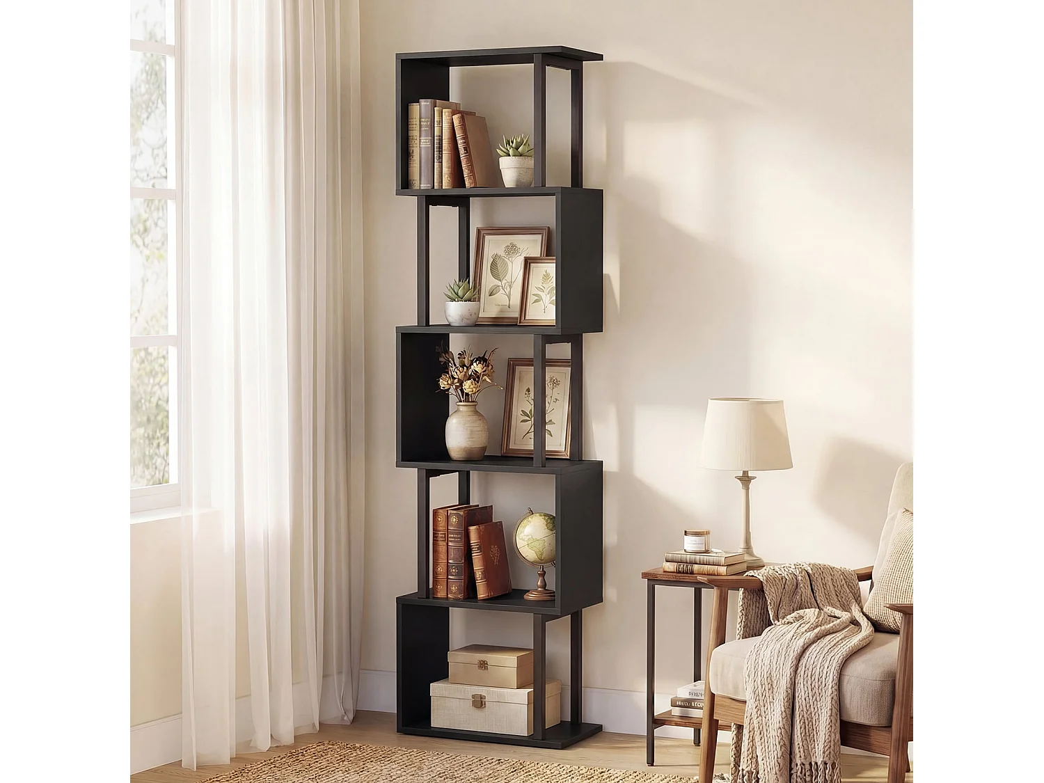 Libreria a 5 piani Scaffale verticale geometrico con protezione antiribaltamento Scaffale indipendente Nero