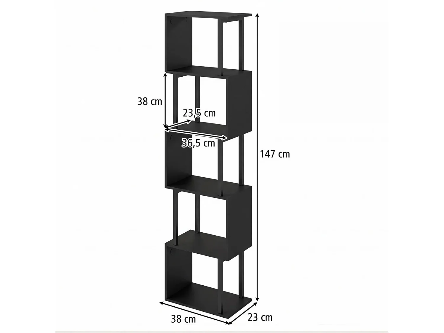 Libreria a 5 piani Scaffale verticale geometrico con protezione antiribaltamento Scaffale indipendente Nero