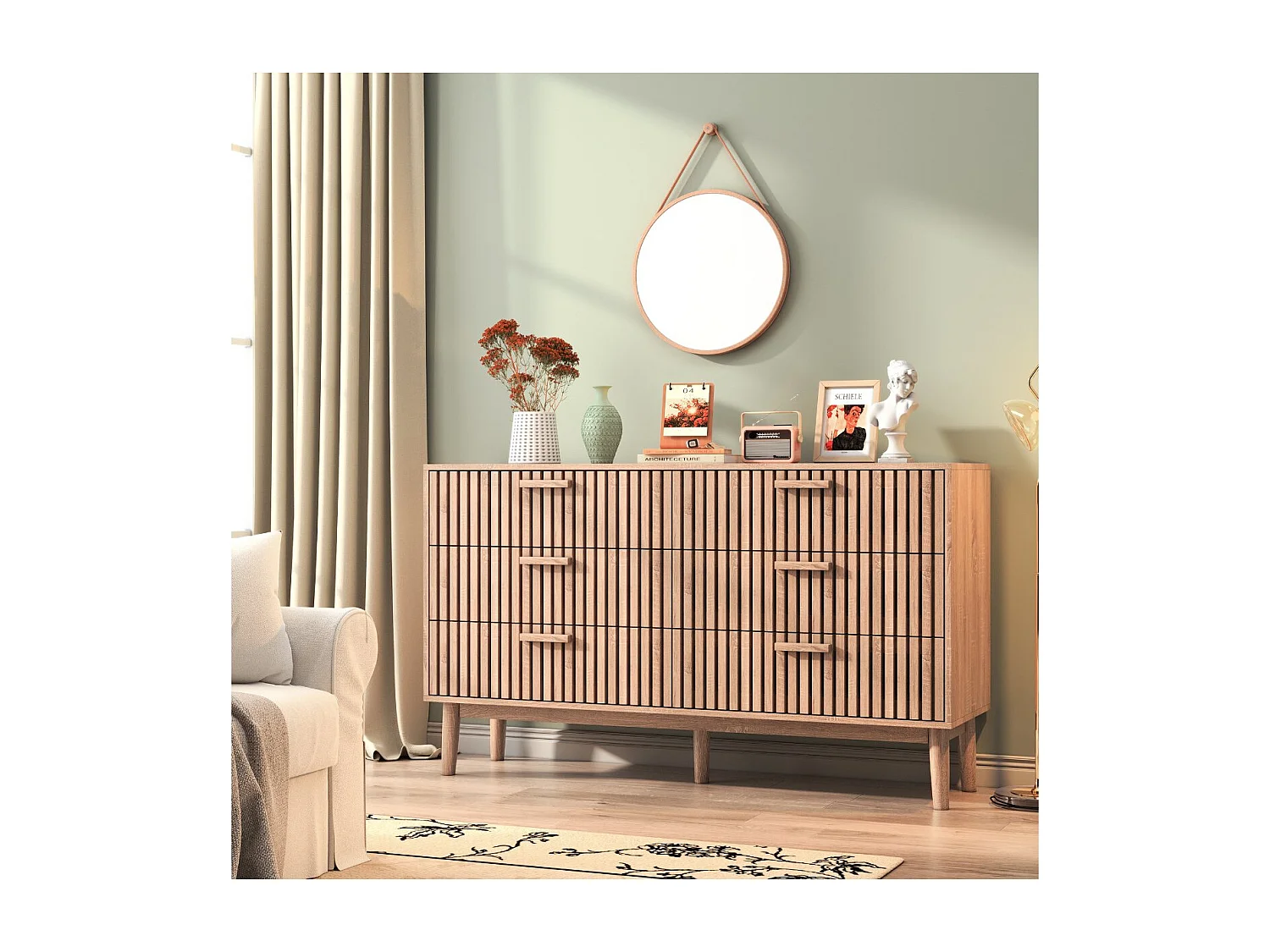 Commode bois rainuré 6 tiroirs, meuble de rangement chambre grande capacité, style scandinave naturel avec pieds surélevés