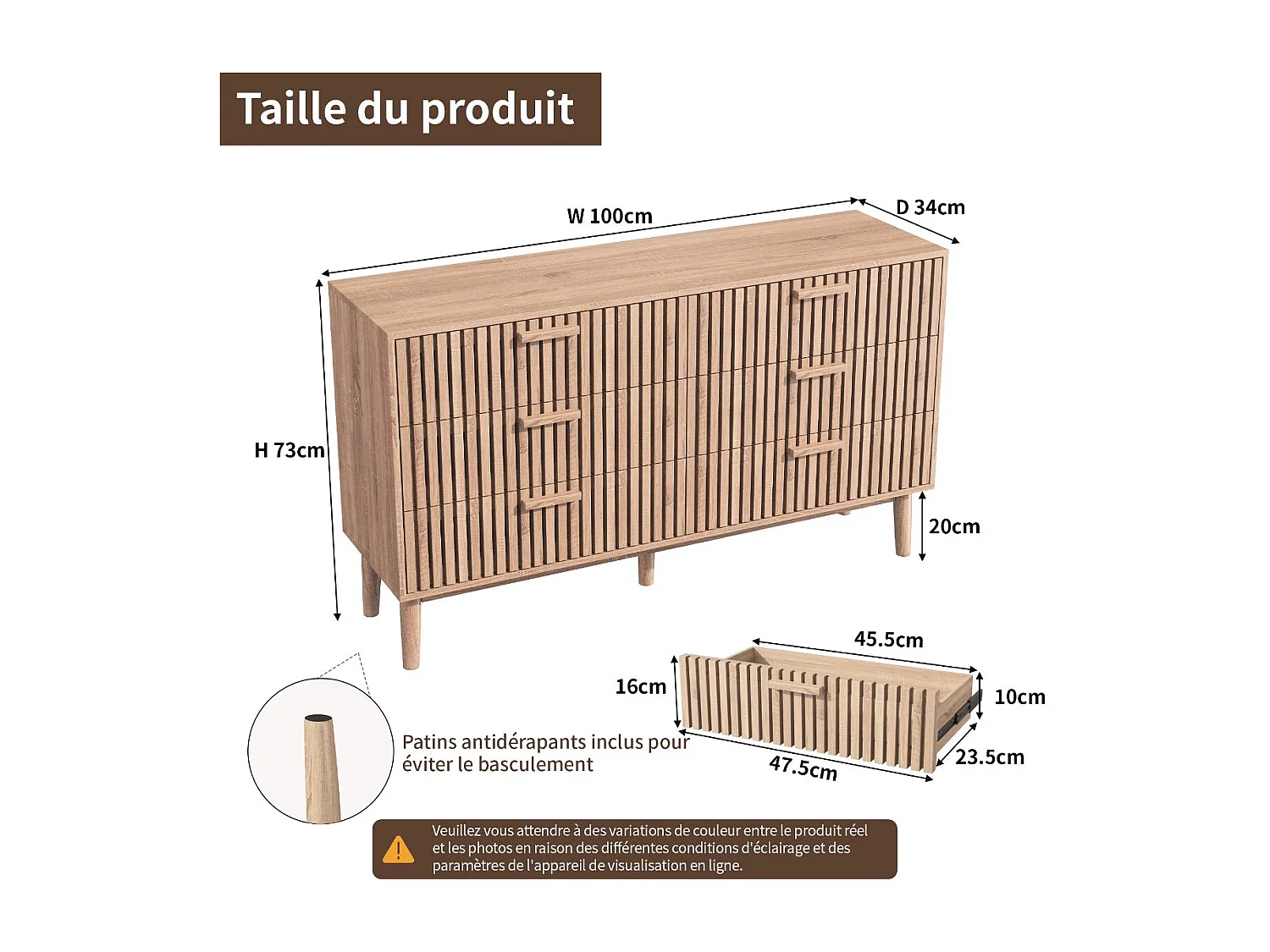 Commode bois rainuré 6 tiroirs, meuble de rangement chambre grande capacité, style scandinave naturel avec pieds surélevés