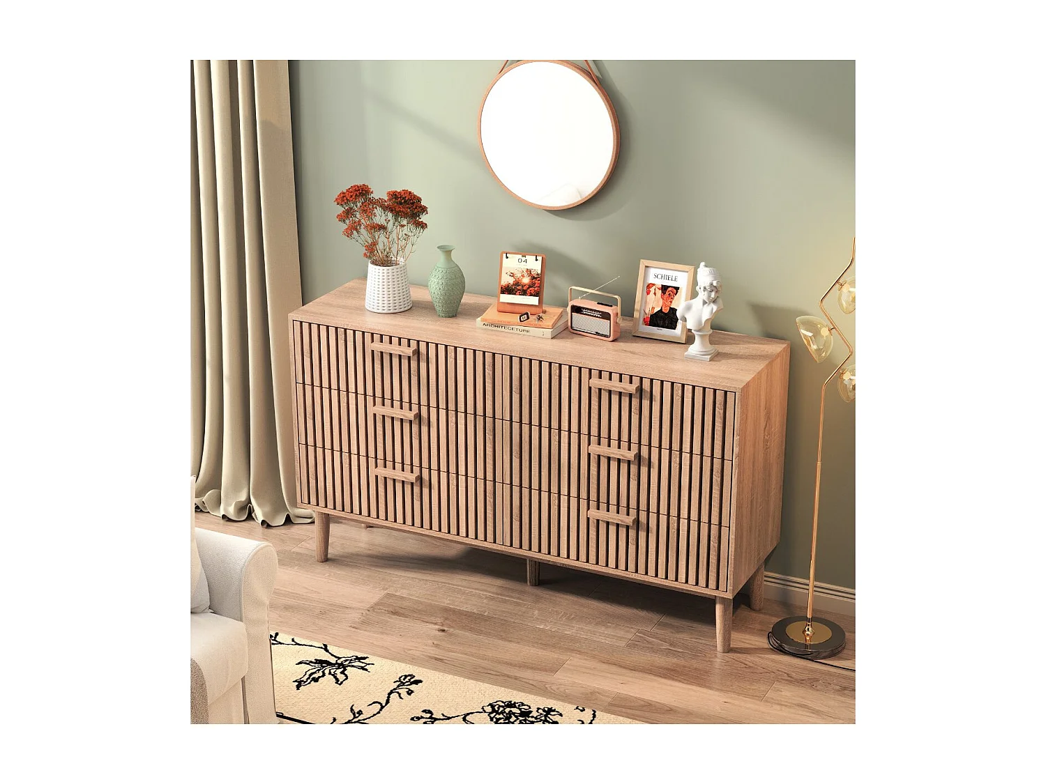 Commode bois rainuré 6 tiroirs, meuble de rangement chambre grande capacité, style scandinave naturel avec pieds surélevés