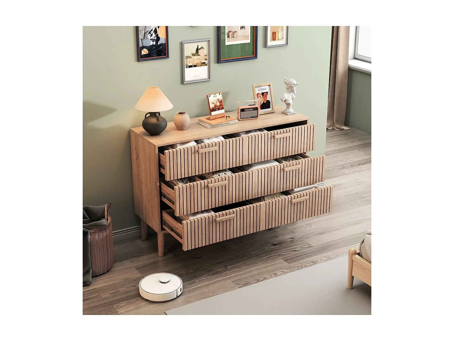Commode bois rainuré 6 tiroirs, meuble de rangement chambre grande capacité, style scandinave naturel avec pieds surélevés