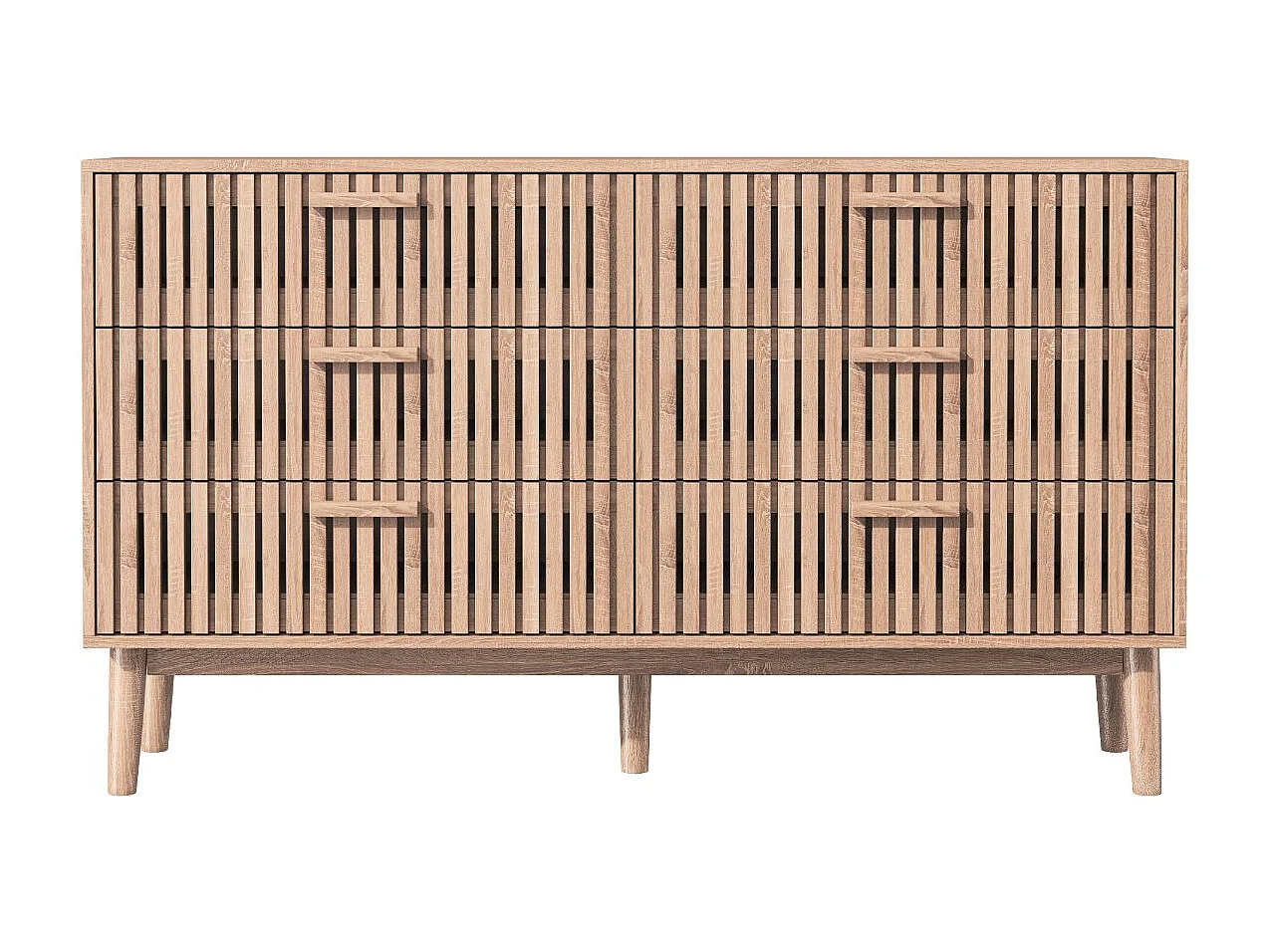 Commode bois rainuré 6 tiroirs, meuble de rangement chambre grande capacité, style scandinave naturel avec pieds surélevés