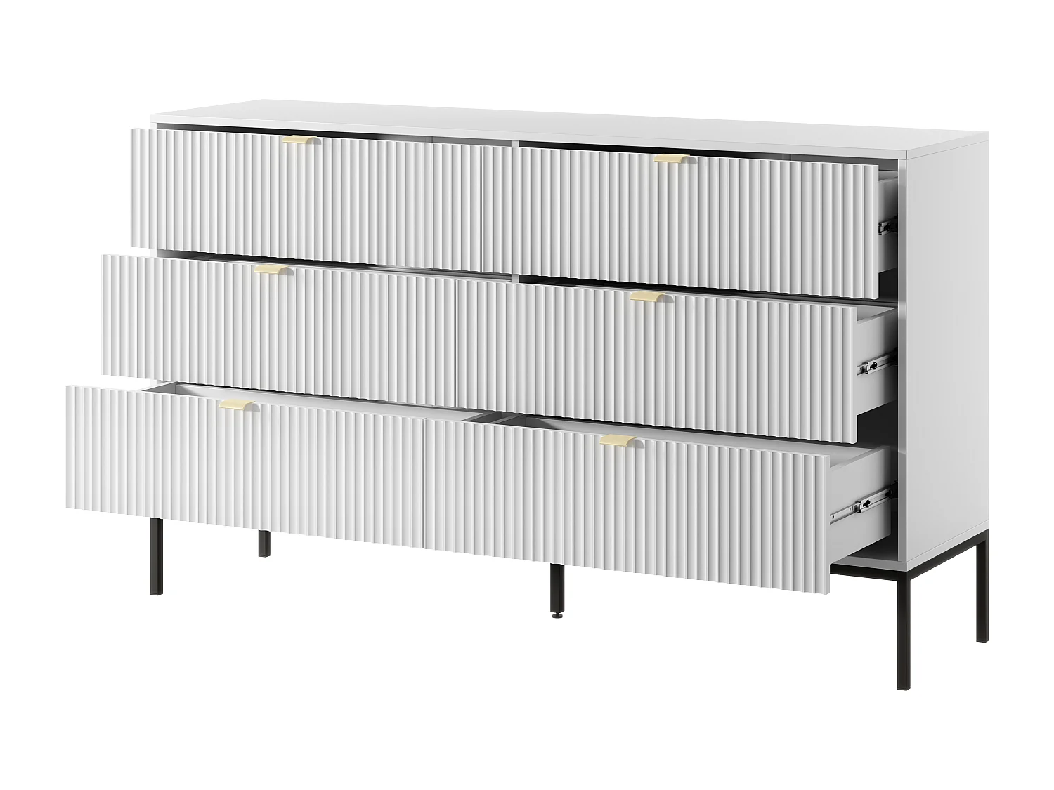 Commode : 6 Tiroirs, Blanc, Pieds Noirs, 154 x 39 x 83 cm, poignées dorées