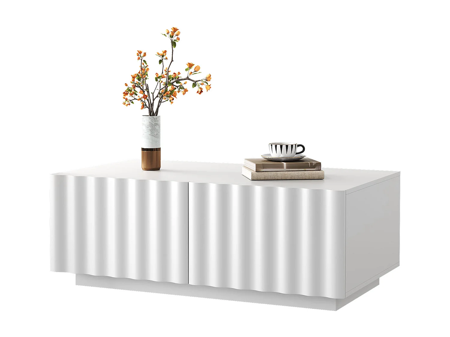 Table basse moderne 100x50x40 cm - 2 tiroirs - Motif vague - MDF + panneaux de particules - Blanc