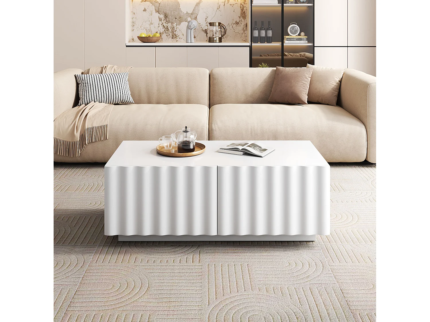 Table basse moderne 100x50x40 cm - 2 tiroirs - Motif vague - MDF + panneaux de particules - Blanc
