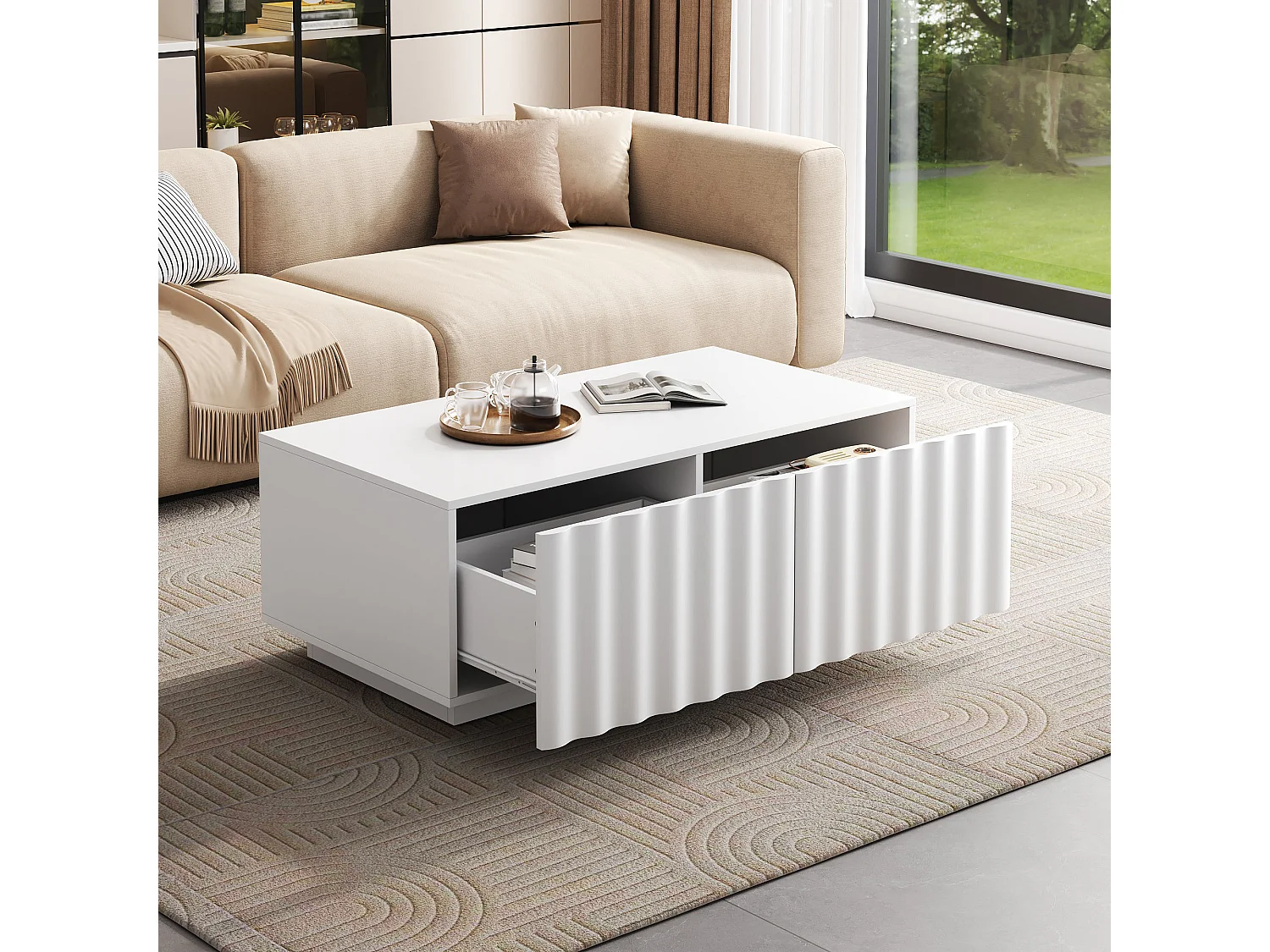 Table basse moderne 100x50x40 cm - 2 tiroirs - Motif vague - MDF + panneaux de particules - Blanc