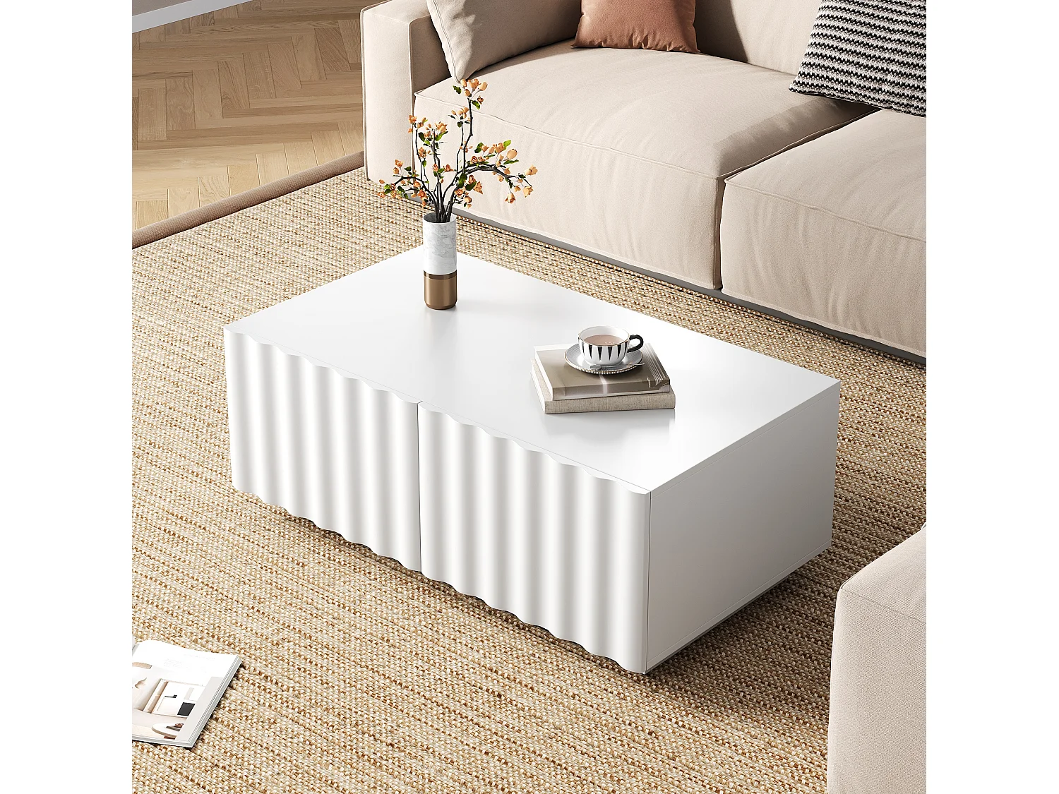 Table basse moderne 100x50x40 cm - 2 tiroirs - Motif vague - MDF + panneaux de particules - Blanc