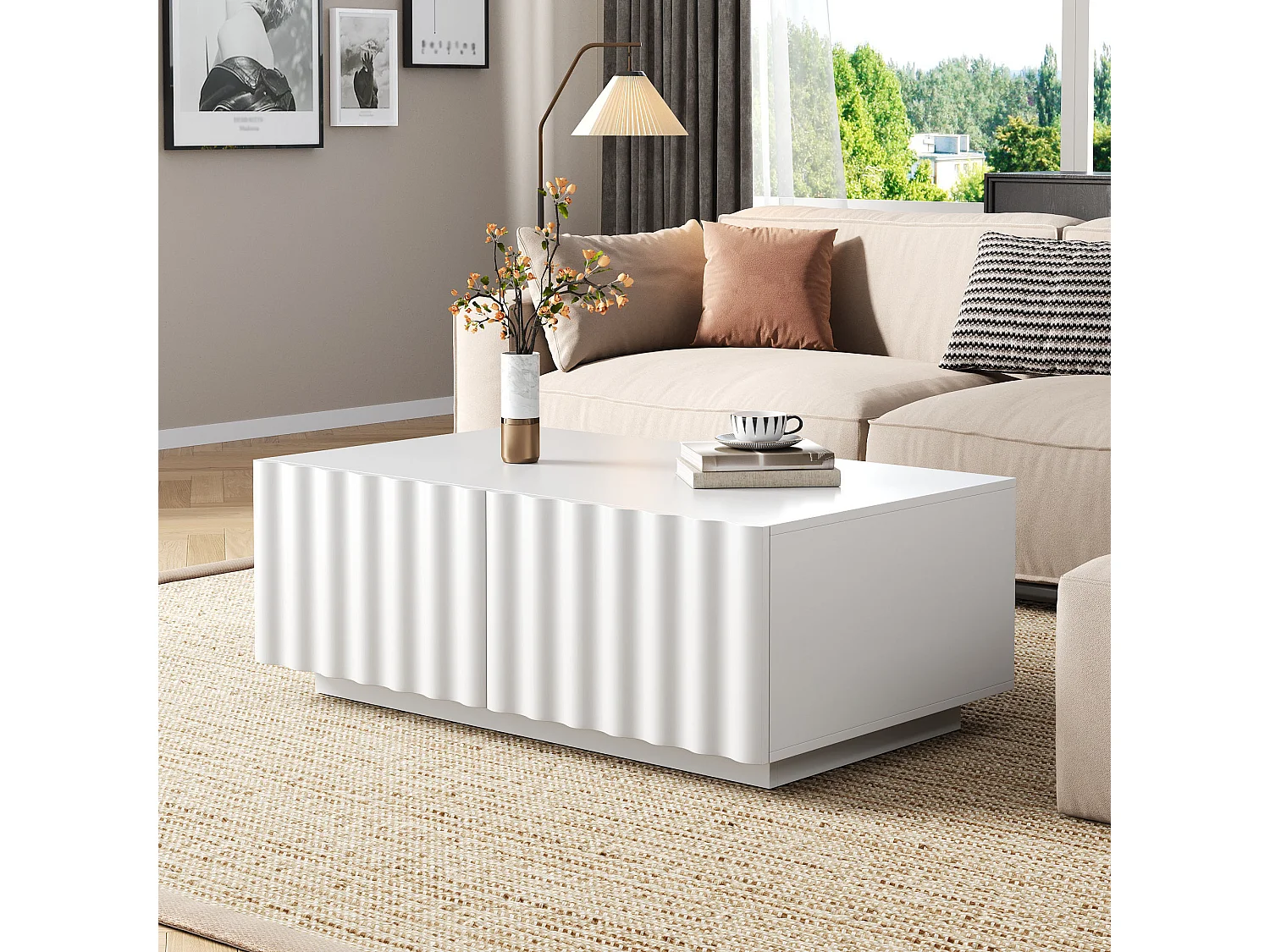 Table basse moderne 100x50x40 cm - 2 tiroirs - Motif vague - MDF + panneaux de particules - Blanc