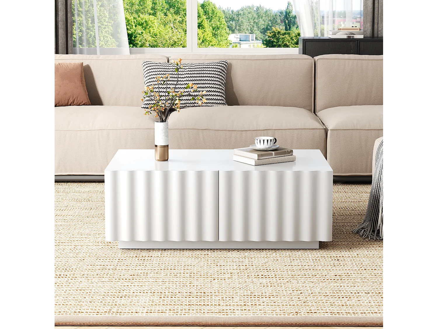 Table basse moderne 100x50x40 cm - 2 tiroirs - Motif vague - MDF + panneaux de particules - Blanc