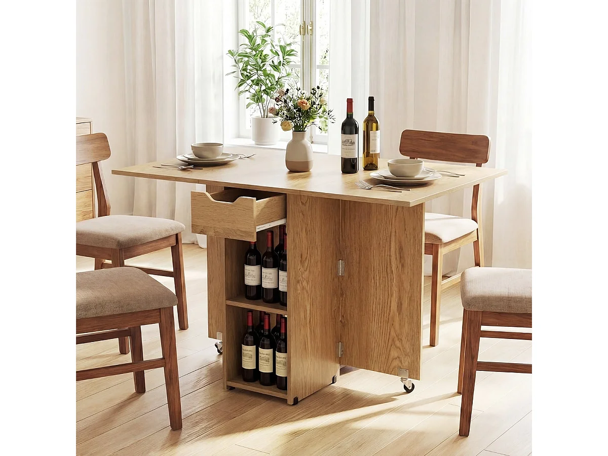 Table Pliante Cuisine pour 4 Personnes avec Tiroir 2 Etagères Design Extensible Rallonge Rabattable 42-120 x 72 x 75 cm Naturel