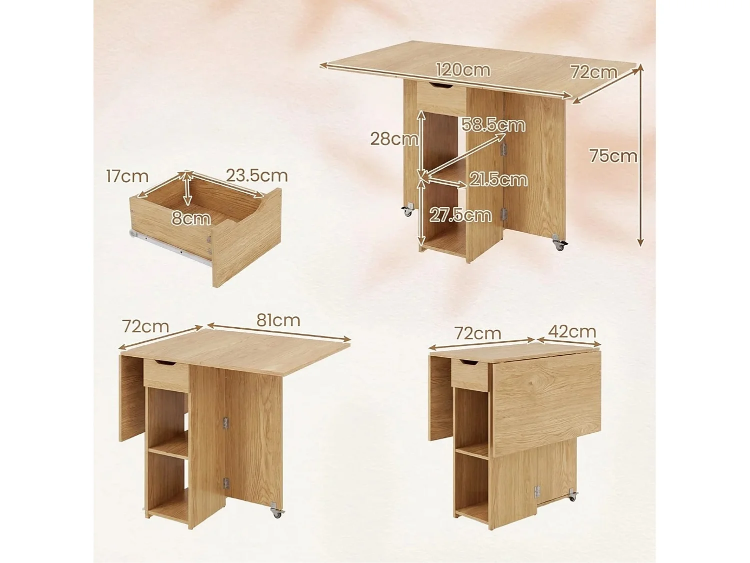 Table Pliante Cuisine pour 4 Personnes avec Tiroir 2 Etagères Design Extensible Rallonge Rabattable 42-120 x 72 x 75 cm Naturel