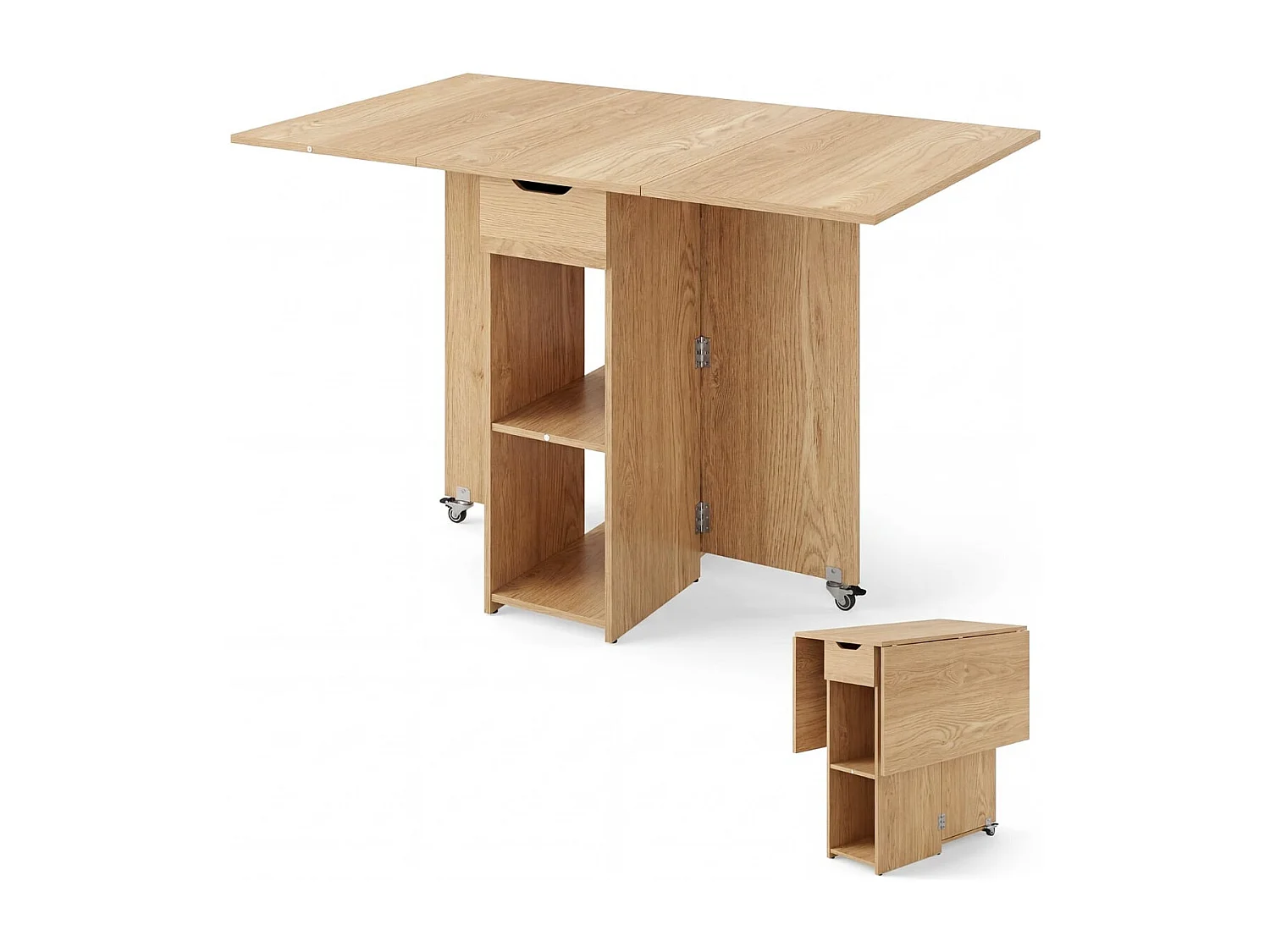 Table Pliante Cuisine pour 4 Personnes avec Tiroir 2 Etagères Design Extensible Rallonge Rabattable 42-120 x 72 x 75 cm Naturel