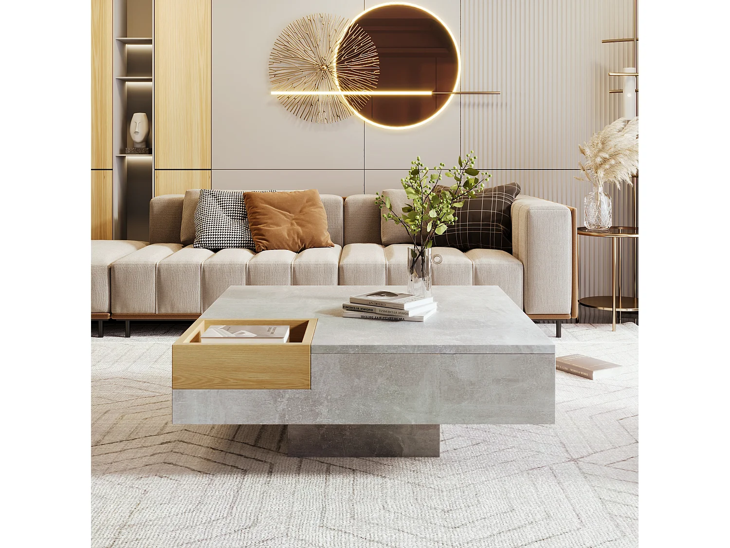 Square coffee table with removable storage compartment - marble pattern - grey color