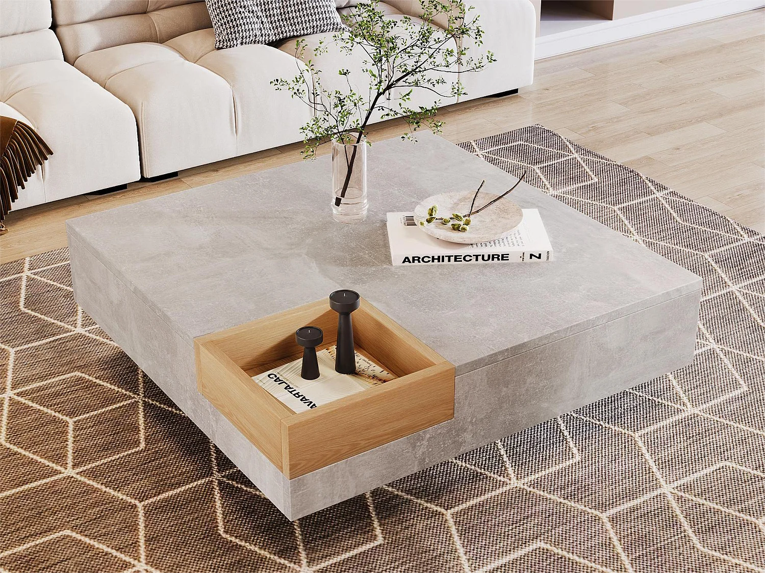 Square coffee table with removable storage compartment - marble pattern - grey color