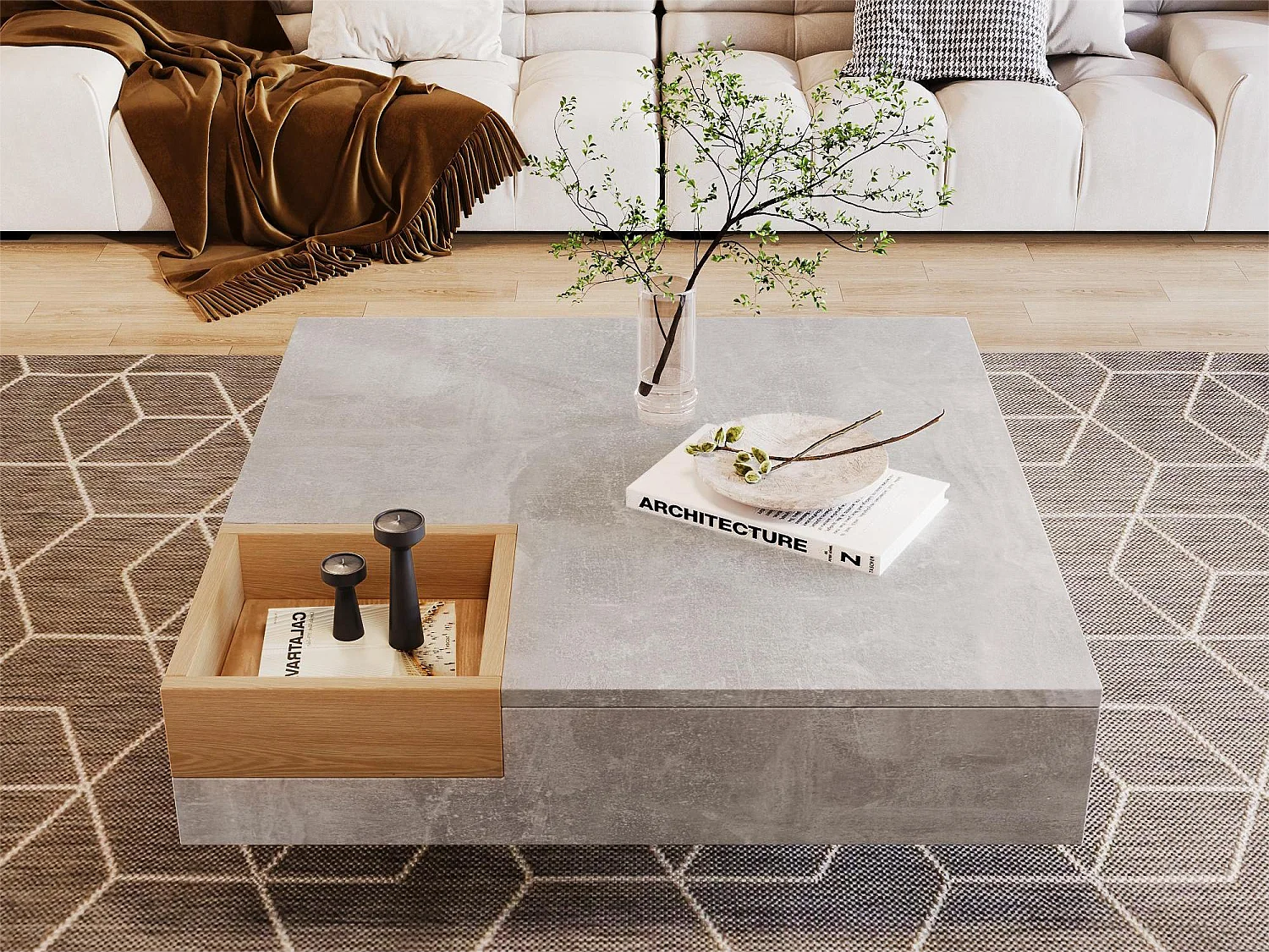 Square coffee table with removable storage compartment - marble pattern - grey color