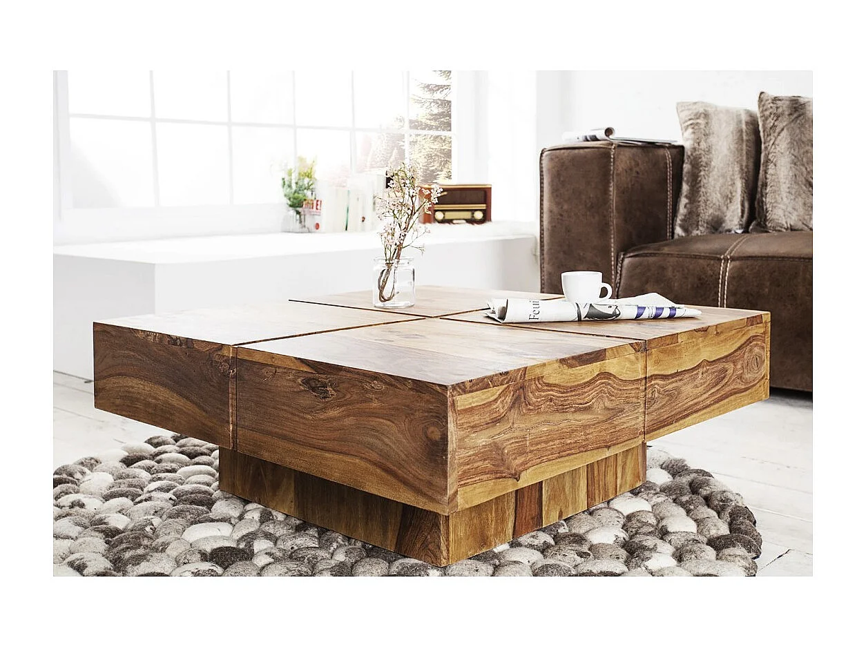 Table basse TOLB 70 cm en bois massif de Sheesham – Table basse carrée design avec pied central