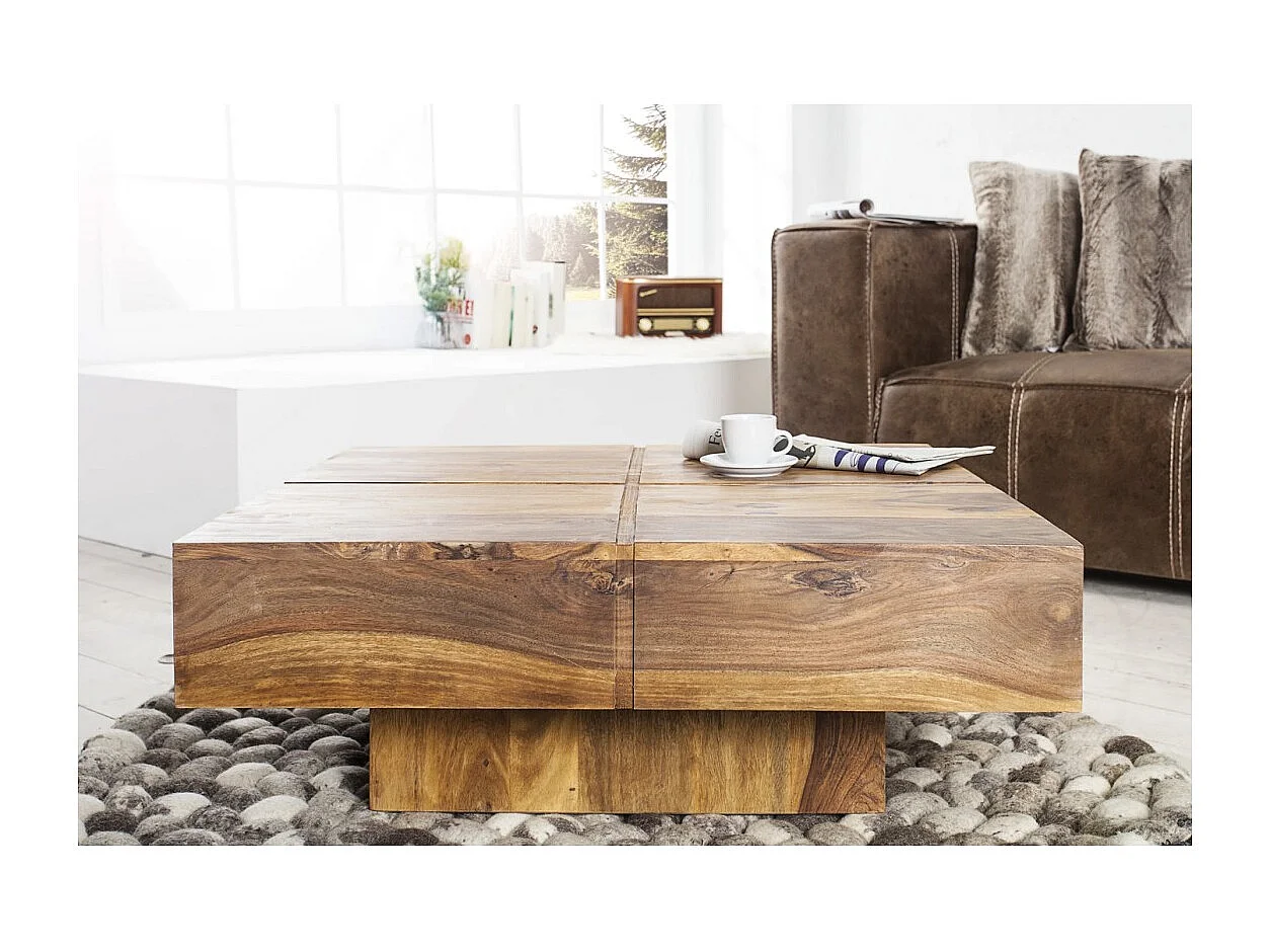 Table basse TOLB 70 cm en bois massif de Sheesham – Table basse carrée design avec pied central