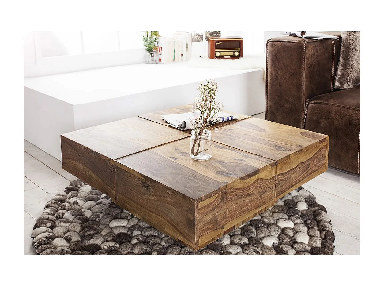 Table basse TOLB 70 cm en bois massif de Sheesham – Table basse carrée design avec pied central