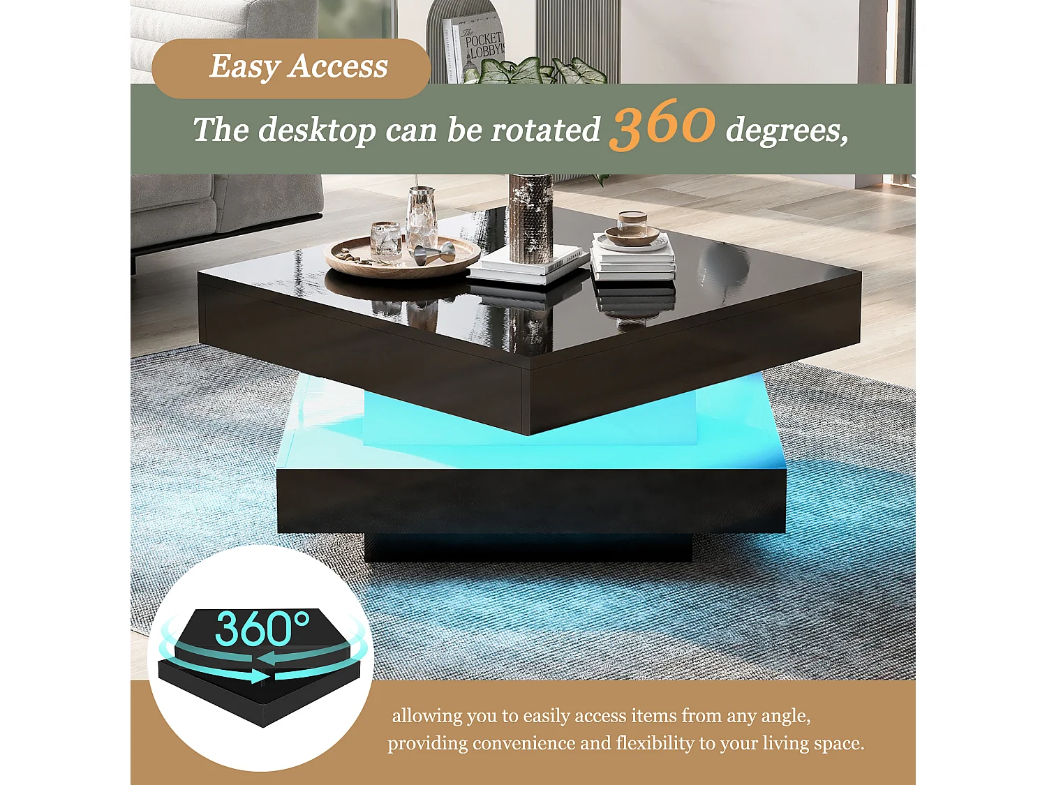High-gloss lacquered coffee table with 360° swivel top - with LEDs - 70 x 70 x 36 cm - chipboard - white