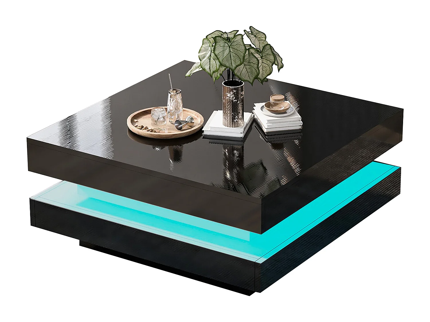 High-gloss lacquered coffee table with 360° swivel top - with LEDs - 70 x 70 x 36 cm - chipboard - white