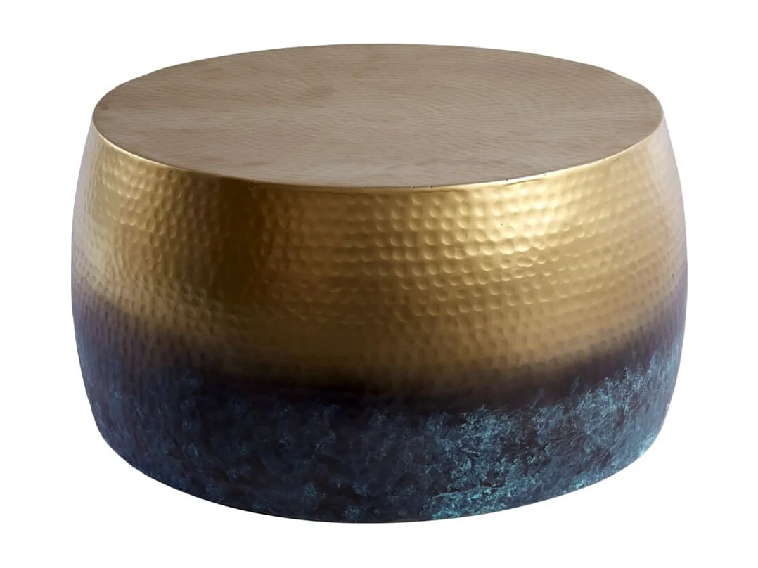 Table basse TRIANE 60 cm en aluminium doré et bleu – Table basse ronde design effet martelé