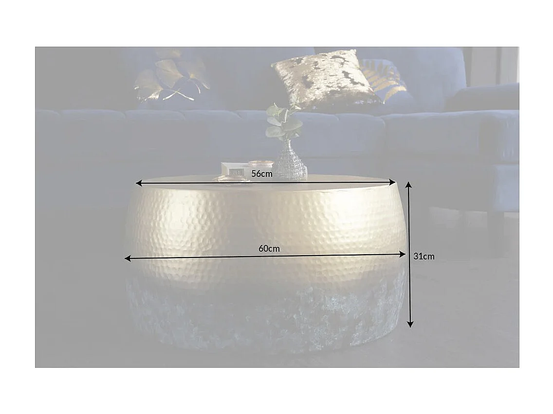Table basse TRIANE 60 cm en aluminium doré et bleu – Table basse ronde design effet martelé