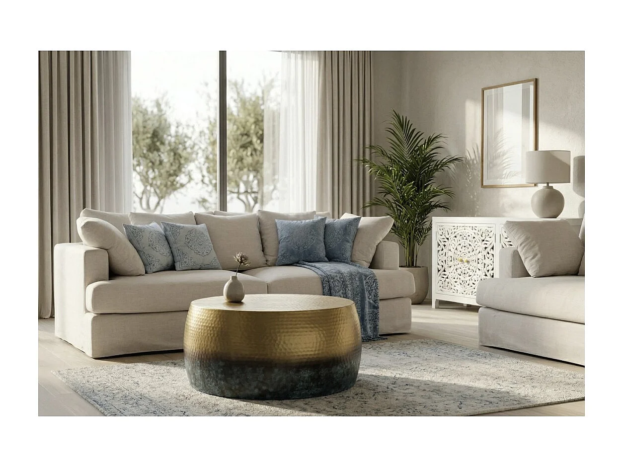 Table basse TRIANE 60 cm en aluminium doré et bleu – Table basse ronde design effet martelé