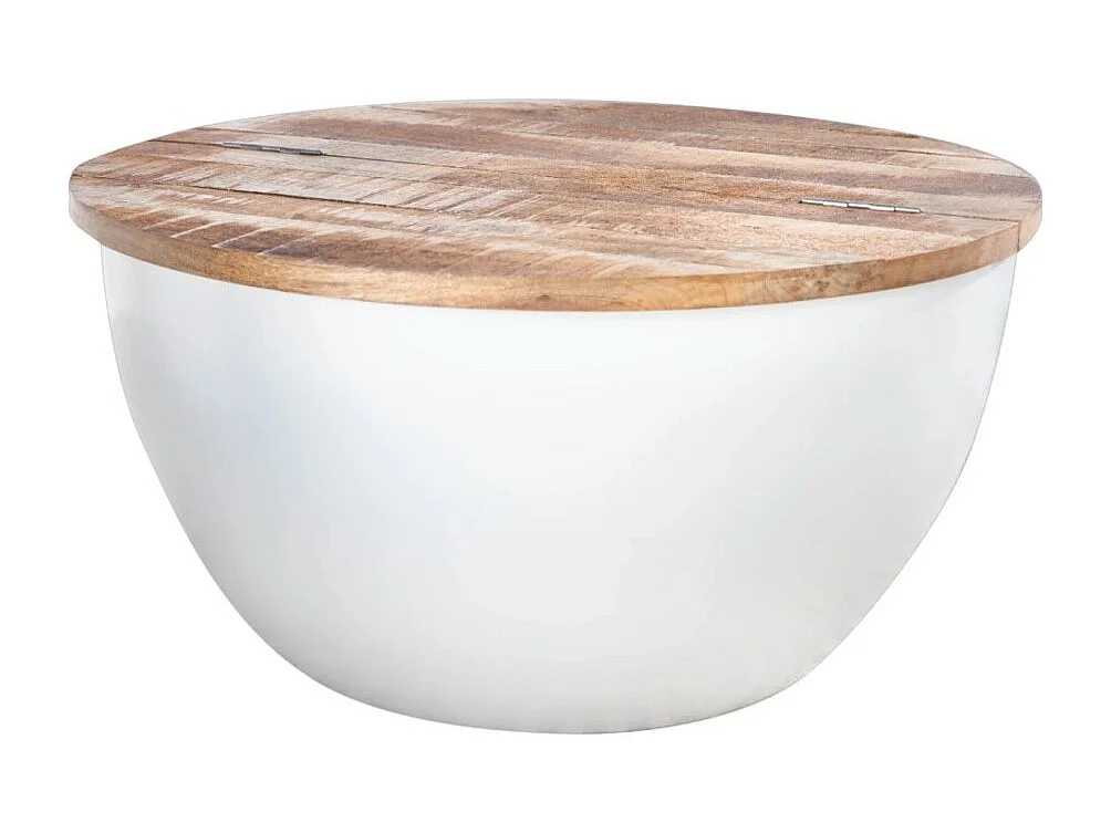 Mesa baja TRIANE 60 cm con cofre - Tablero de madera de mango y estructura de metal blanco mate