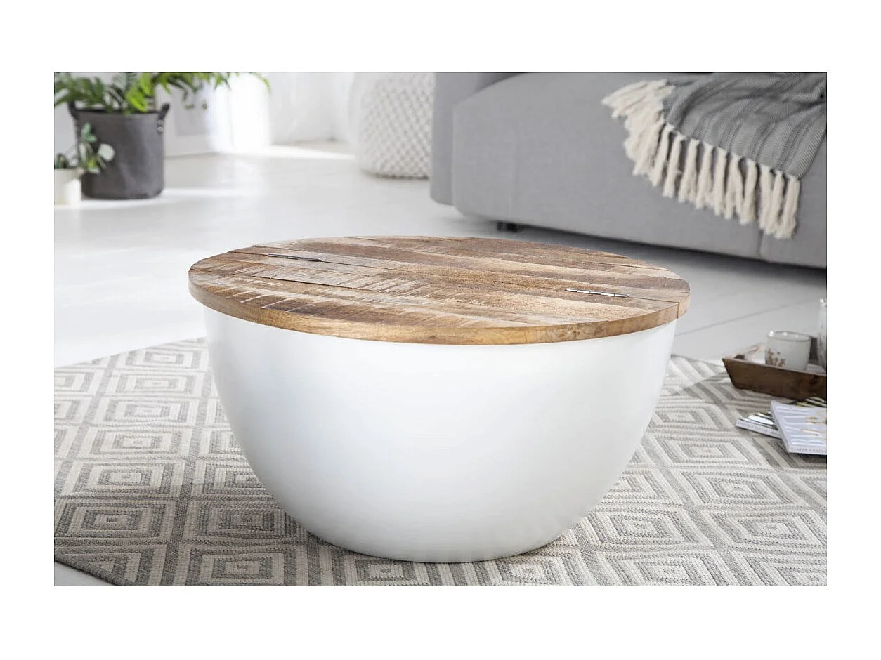 Mesa baja TRIANE 60 cm con cofre - Tablero de madera de mango y estructura de metal blanco mate