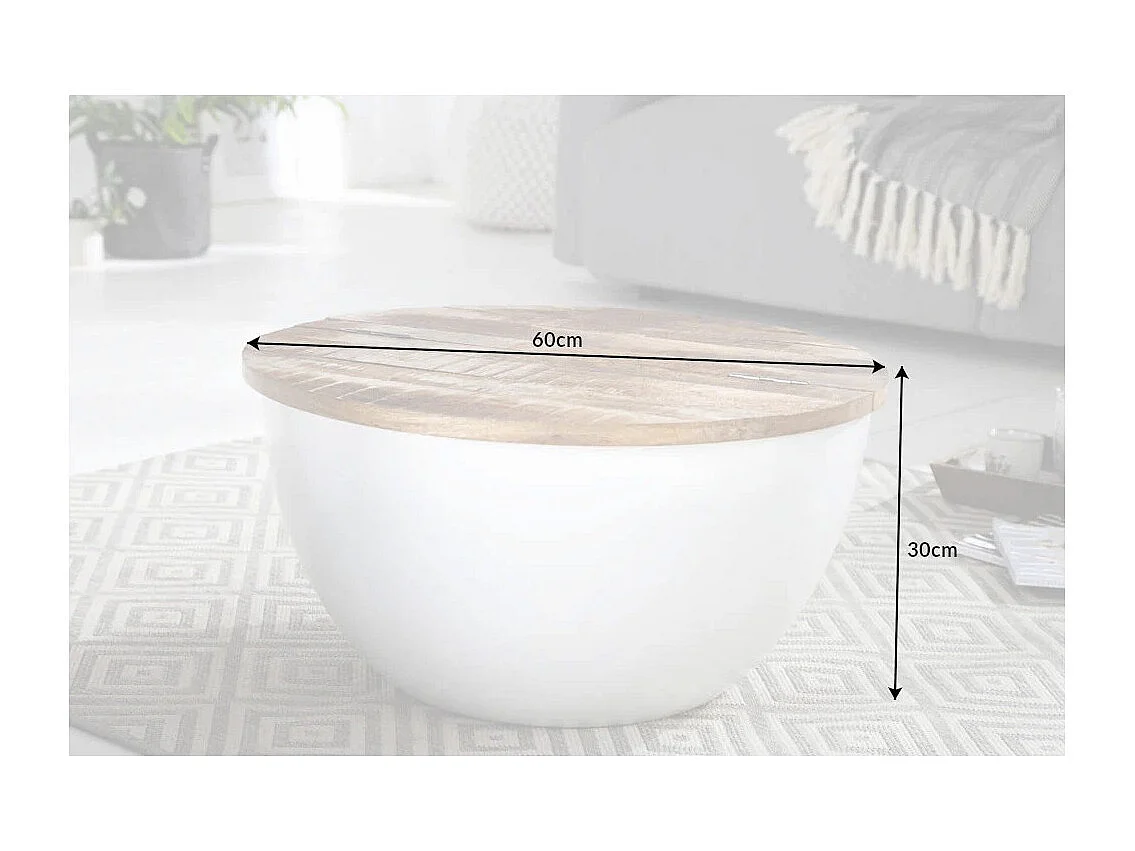 Mesa baja TRIANE 60 cm con cofre - Tablero de madera de mango y estructura de metal blanco mate