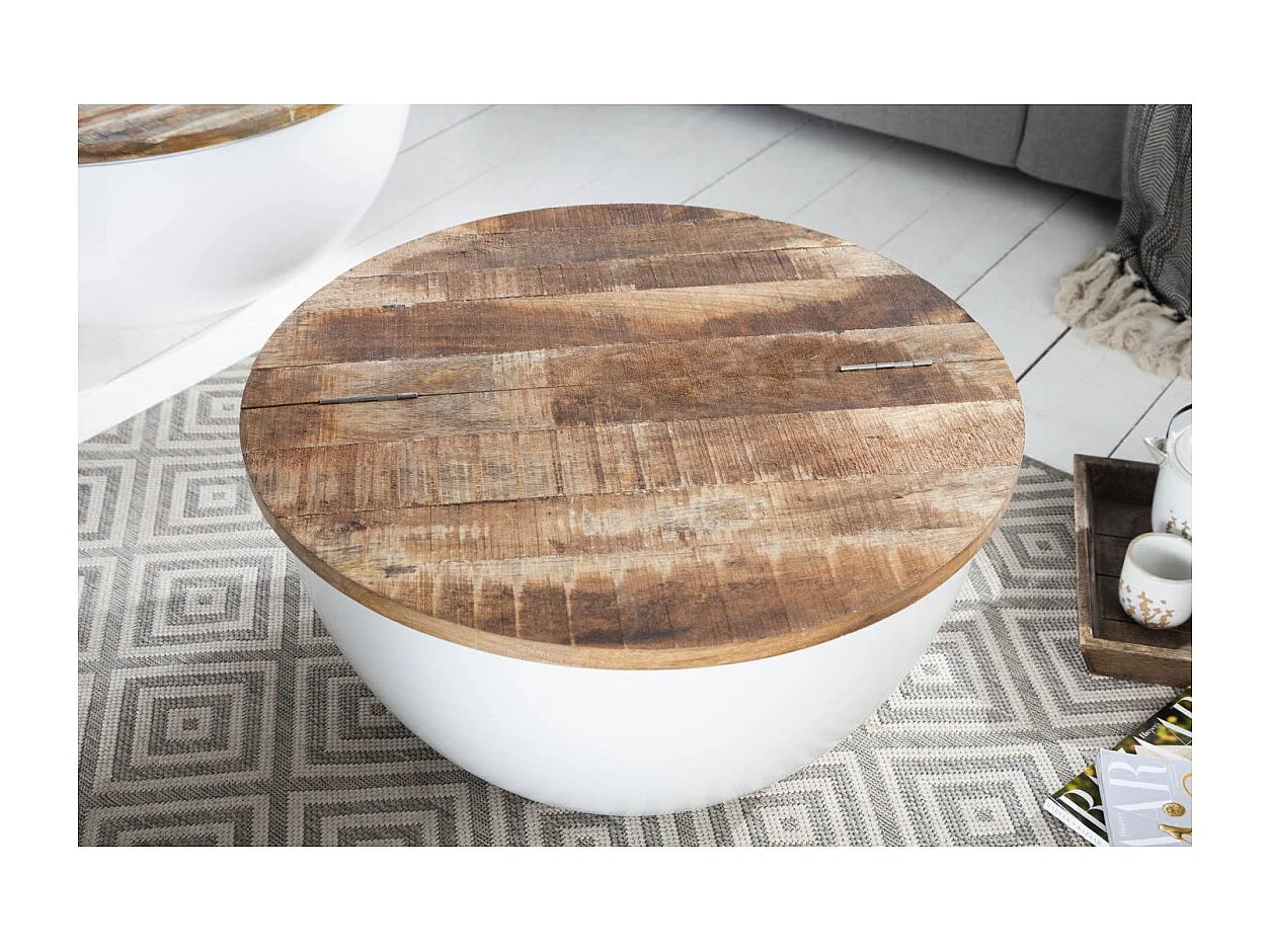 Mesa baja TRIANE 60 cm con cofre - Tablero de madera de mango y estructura de metal blanco mate