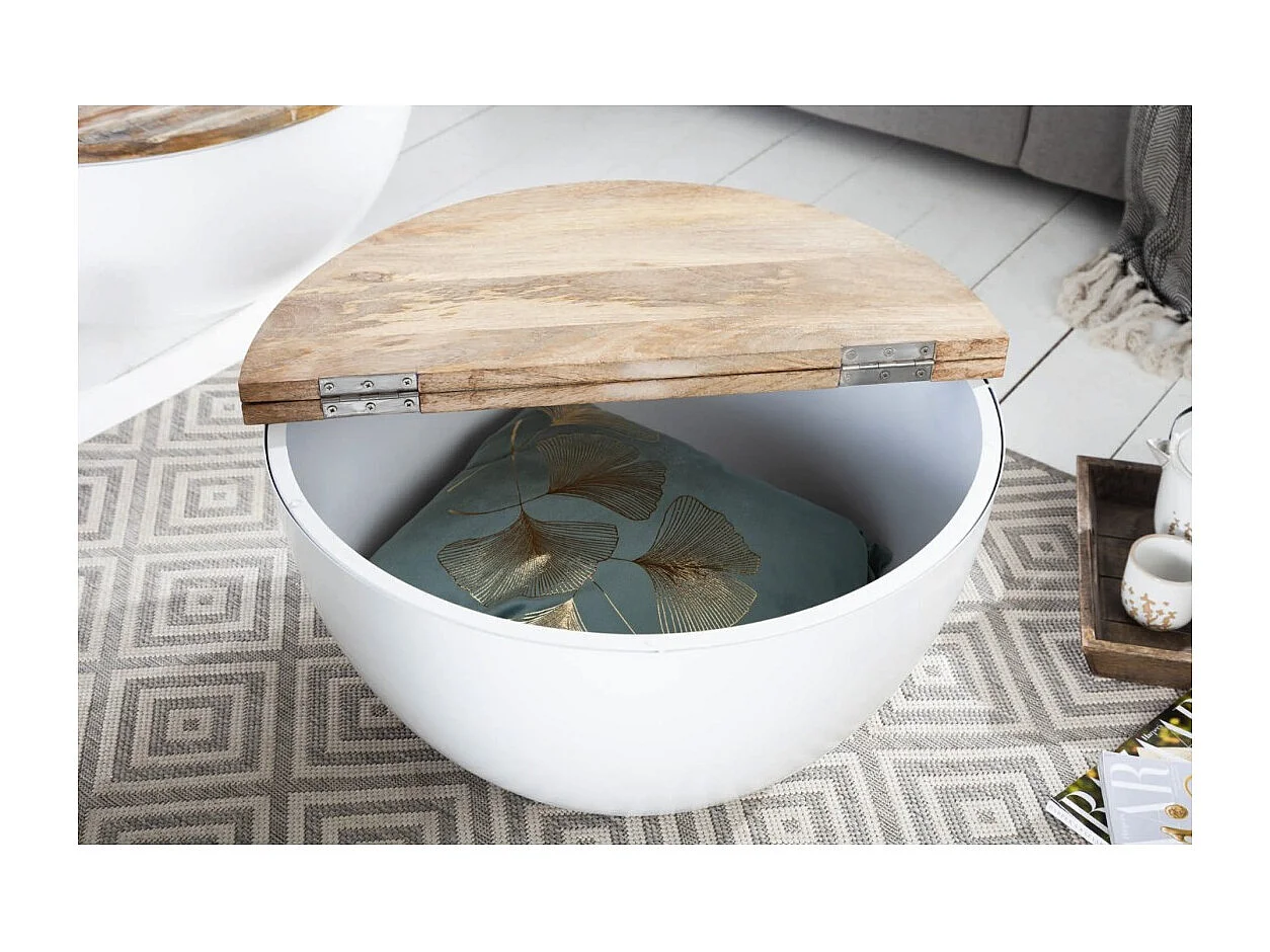 Mesa baja TRIANE 60 cm con cofre - Tablero de madera de mango y estructura de metal blanco mate