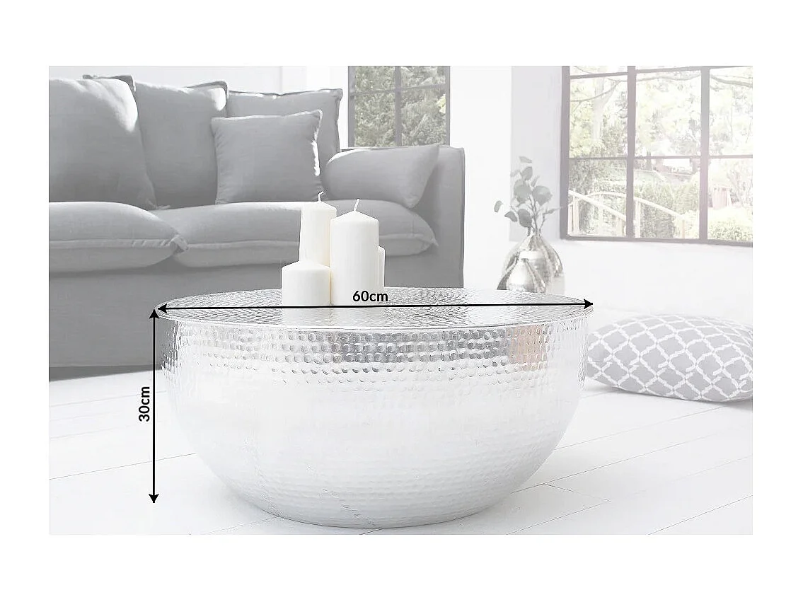 Mesa baja TRIANE 60 cm en aluminio plateado martillado – Mesa baja redonda de diseño