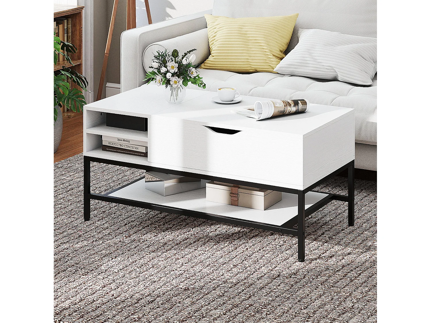 Table Basse à Plateau Relevable avec Compartiment Caché Table en Bois pour Salon avec Étagère de Rangement Table de Centre Blanc