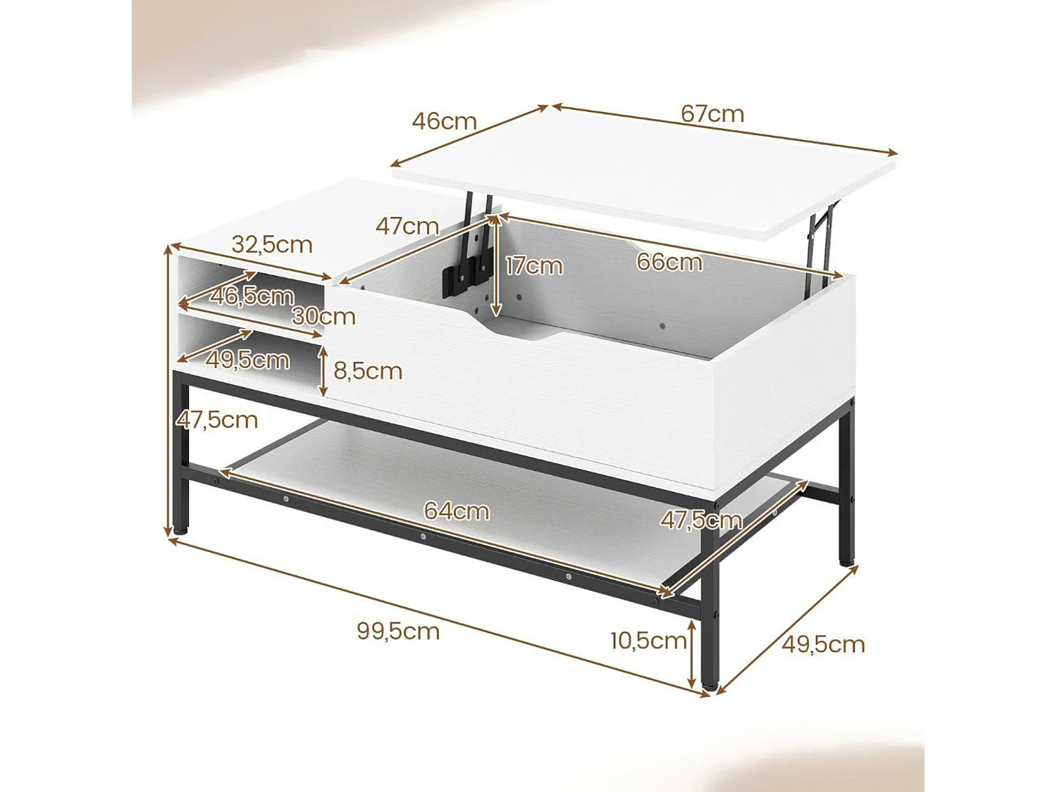 Table Basse à Plateau Relevable avec Compartiment Caché Table en Bois pour Salon avec Étagère de Rangement Table de Centre Blanc