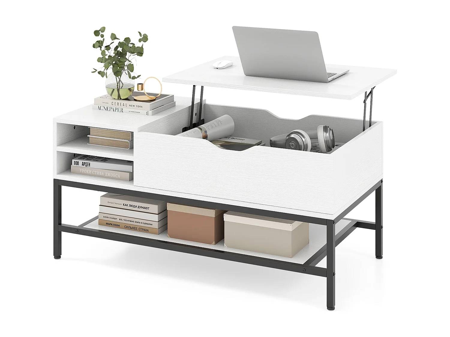 Table Basse à Plateau Relevable avec Compartiment Caché Table en Bois pour Salon avec Étagère de Rangement Table de Centre Blanc